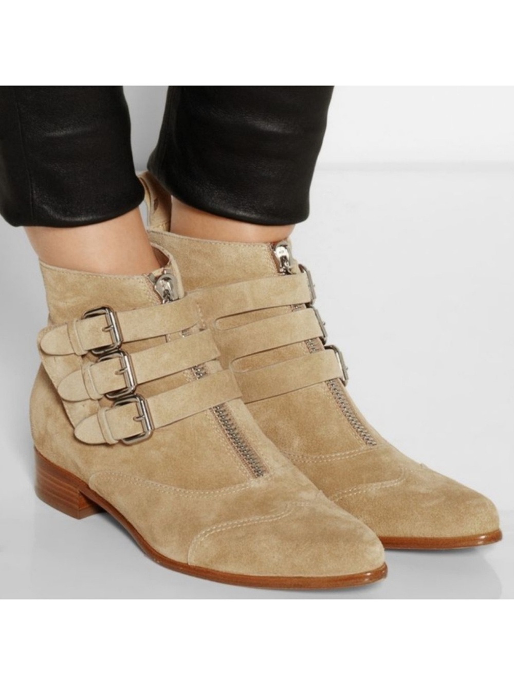 Tabitha Simmons Suede Ankle Boots with Triple Buckle Straps - Beige
